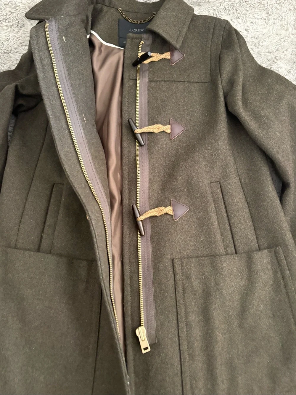 J. Crew Olive Green Hooded Wool-Blend Pea Coat with Toggle Closures - Picture 7 of 12